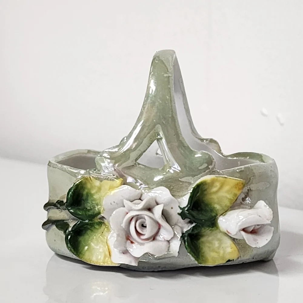 Vtg German Elfinware Porcelain Lusterware Green Miniature Rose Floral Basket